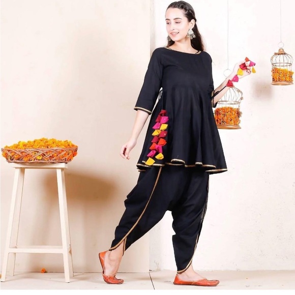 Women's Black Dhoti Peplum Top Set with Multicolour Tassels - Picture 3 of 4